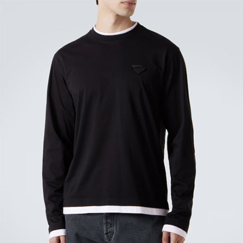 프라다 트라이앵글 로고 모티프 패치 레이어드 트림 긴팔 티셔츠