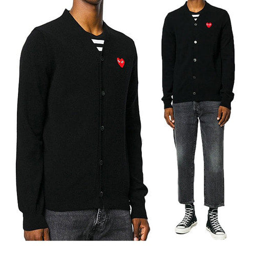 (국내배송, 당일출고) 꼼데가르송 레드 와펜 브이넥 가디건 블랙